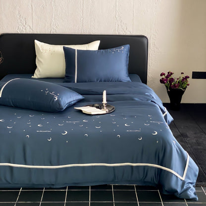 Luxuriöses Seidenglänzendes Mondphasen Besticktes Bettwäsche Set mit Bolster und Kissenbezügen