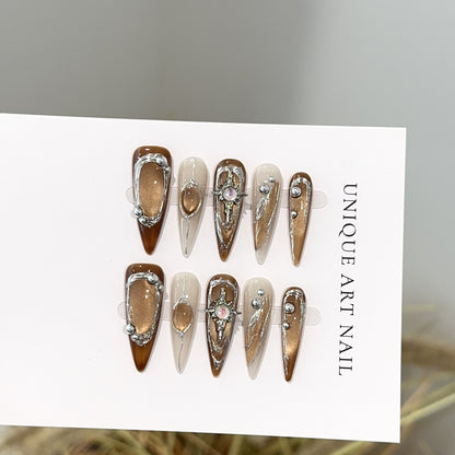 Künstlerisches Press-On-Nageldesign-Set mit einzigartigen Edelstein-Akzenten