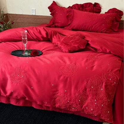 Satin-Bettwäsche-Set mit Rosenstickerei, Rüschenkissen und Dekokissen Brehn