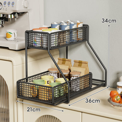 Dreiböckiger, schräger Metall-Mesh-Thekenregal-Organizer mit stapelbaren Drahtkörben