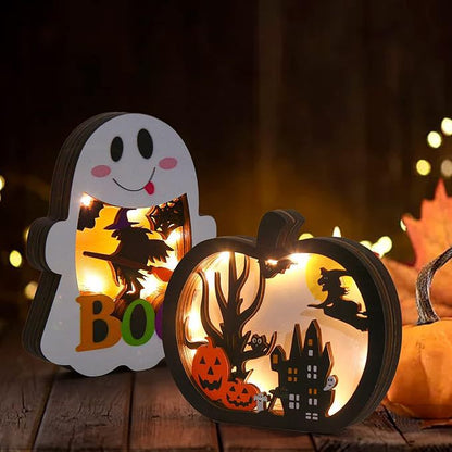 Holz-Deko-Set dreidimensionale Halloween-Schattenboxen mit LED-Beleuchtung und mehrlagigen Motiven
