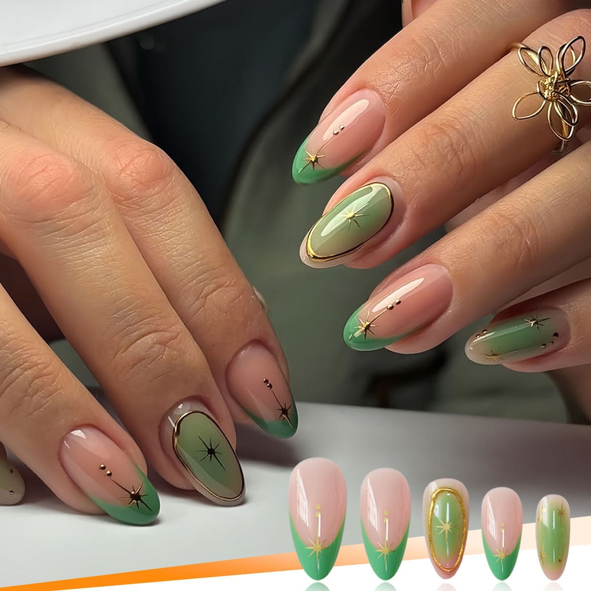 Künstlerische Gel-Nagelverstärkungen mit goldenen Akzenten Brehn