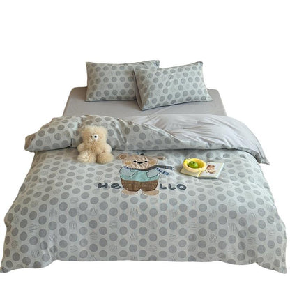 Baumwoll-Bettwäsche-Garnitur mit Häschen-Applikation und dezentem Punktjacquard