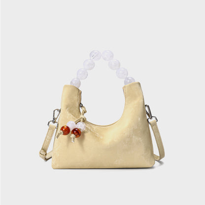 Wildleder Halbmond Schultertasche mit Acrylperlen-Obergriff & abnehmbarem Umhängegurt