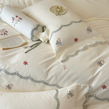 Luxuriöses gesticktes Satin-Bettwäsche-Set mit Kissenbezug und Nackenrolle