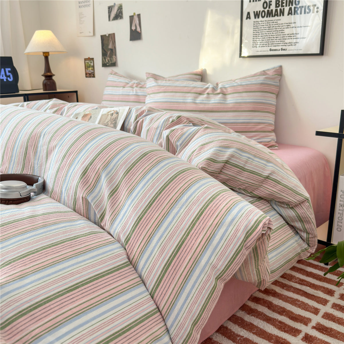 Gestreiftes Baumwoll-Percale-Bettbezug-Set mit Umschlagkissenbezügen