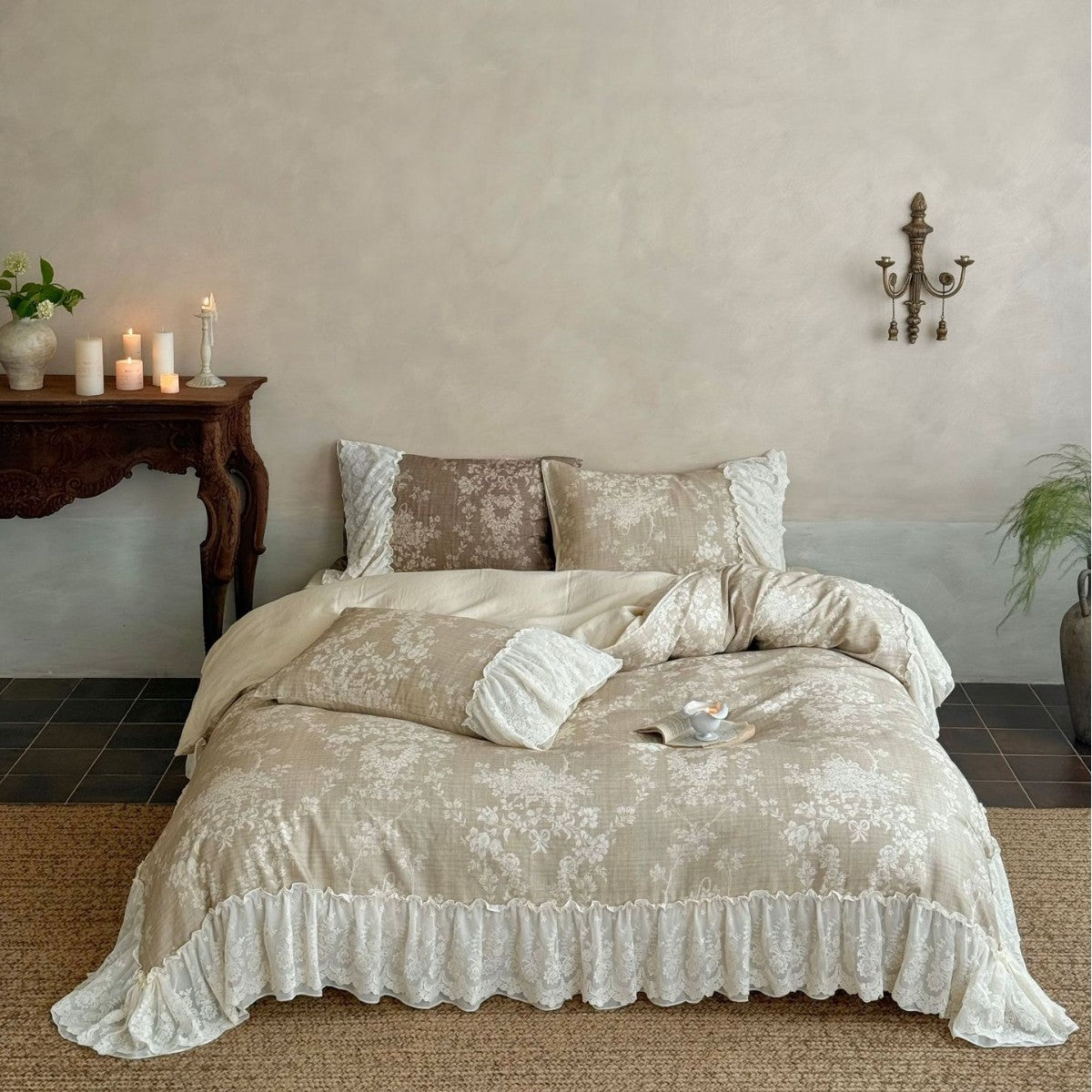 Vintage Floral Ruffled Lace Bettbezug Set