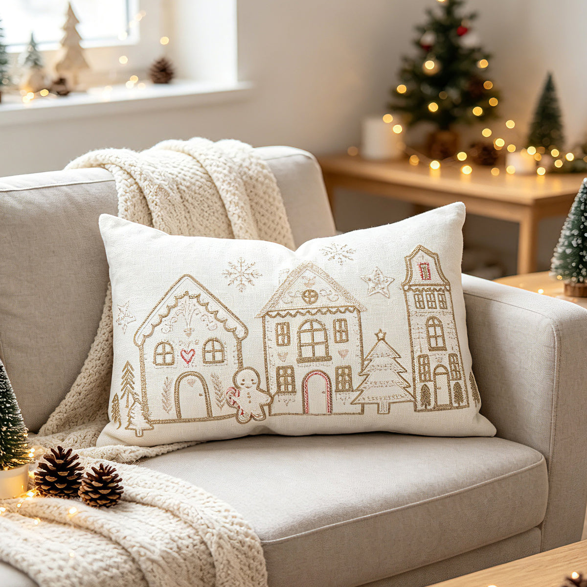 Weihnachtliches Lebkuchenhaus bestickter Samt Kissenbezug für die Lendenstütze