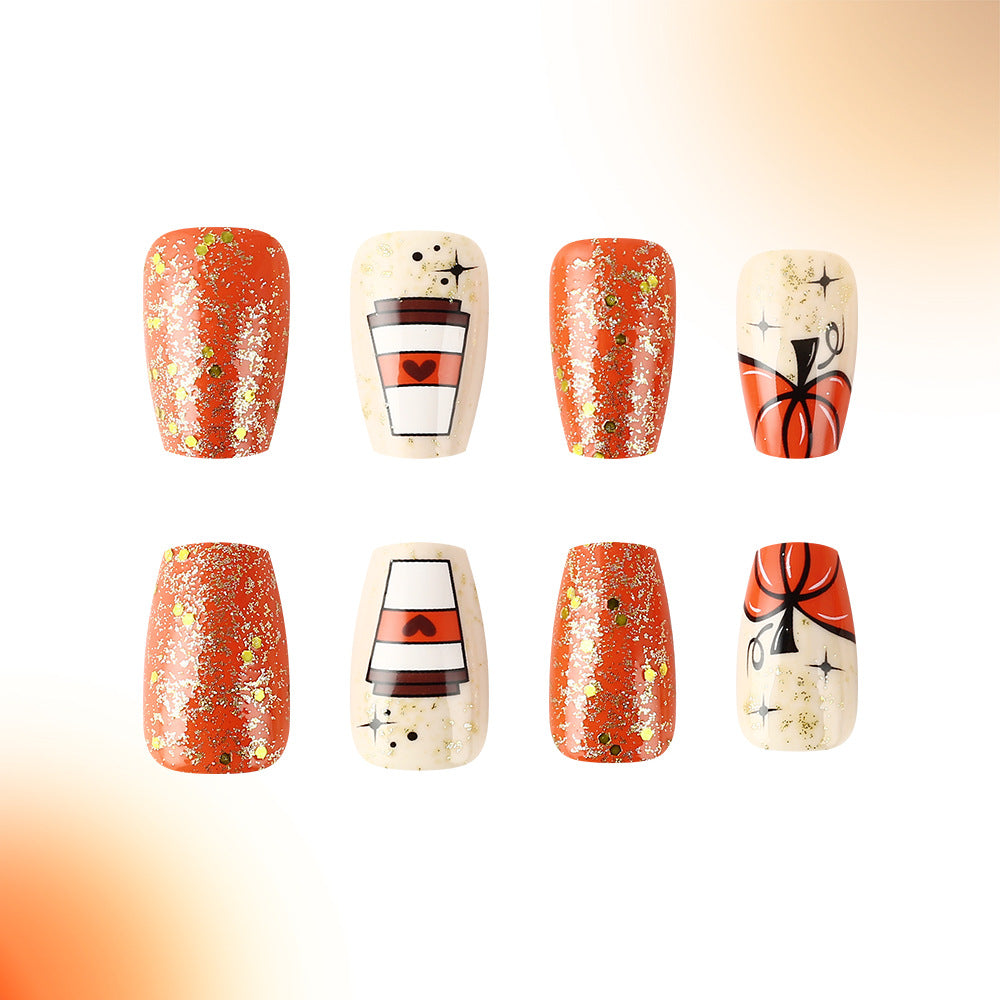 Saisonales Kürbis-Themen Press-On Nagelkunst Design Brehn