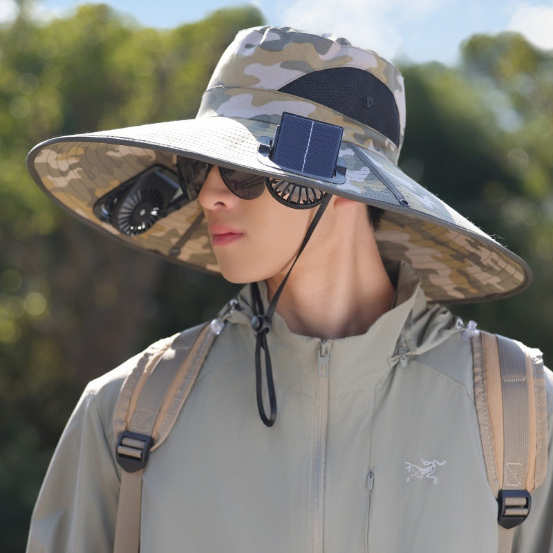 Breite-Krempe Outdoor Sonnenhut mit solarbetriebenem Mikroventilator, atmungsaktivem Mesh und verstellbarem Kinnriemen Brehn