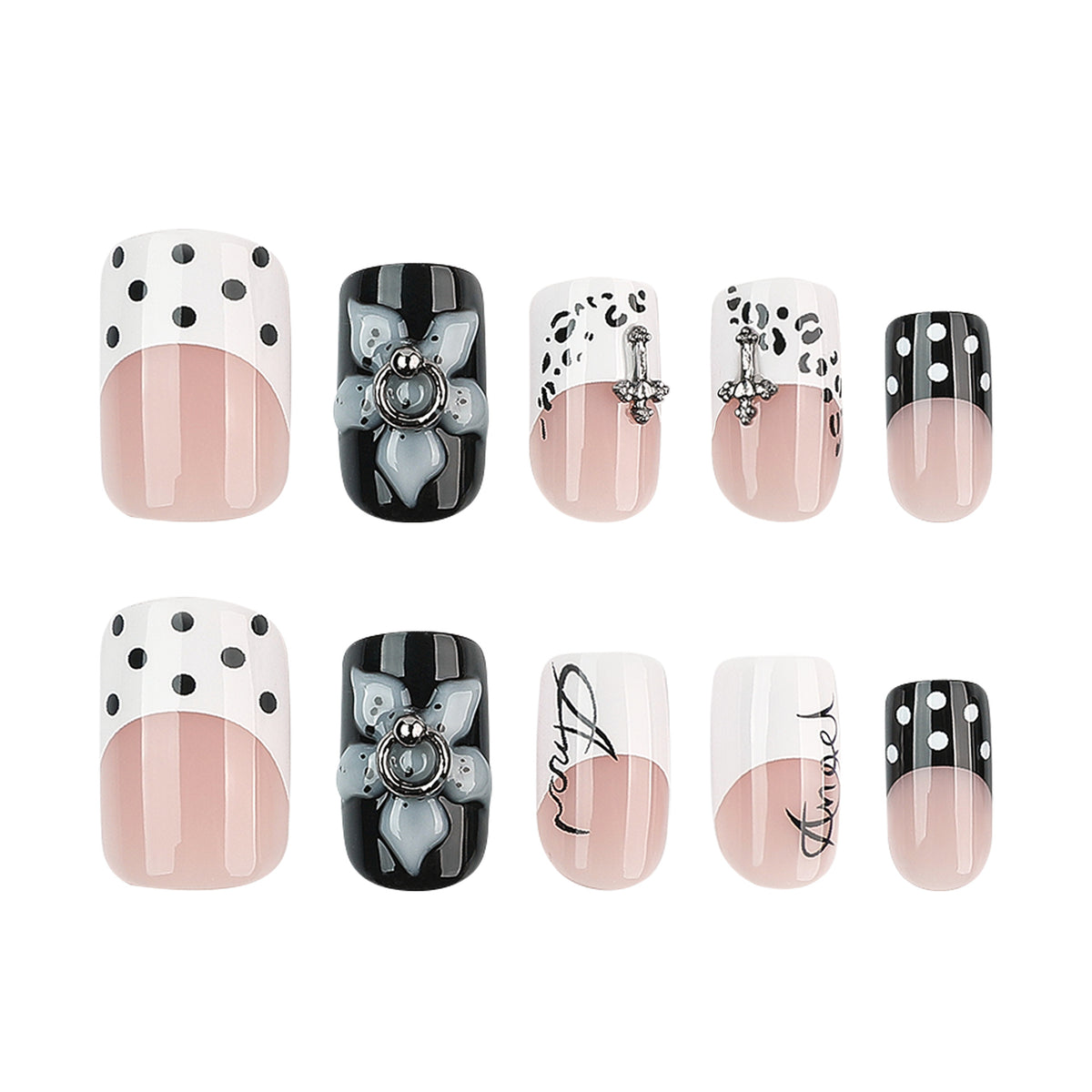 Kunstvolle Nagelverlängerungen mit elegantem Schwarz-Weiß Design Brehn