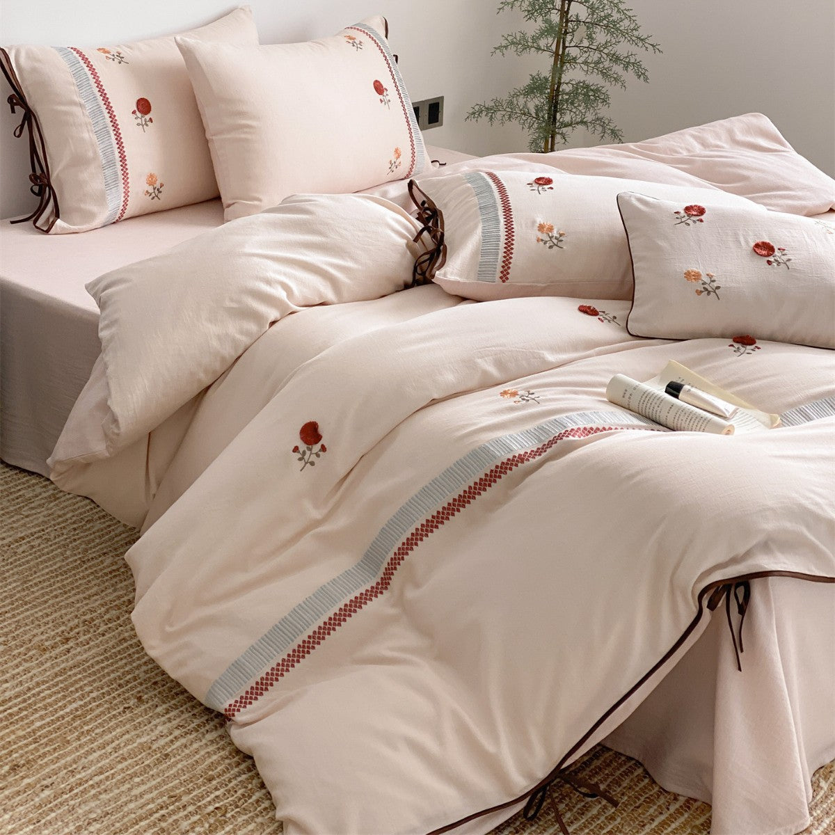 Bestickte Floral Baumwoll-Leinen Bettdeckenbezug Set mit Eckbindern