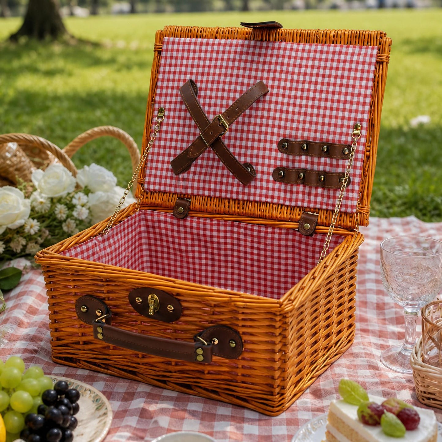 Damen Luxus Picknickkorb mit versetztem Geschirrfach und floralem Innenfutter Brehn