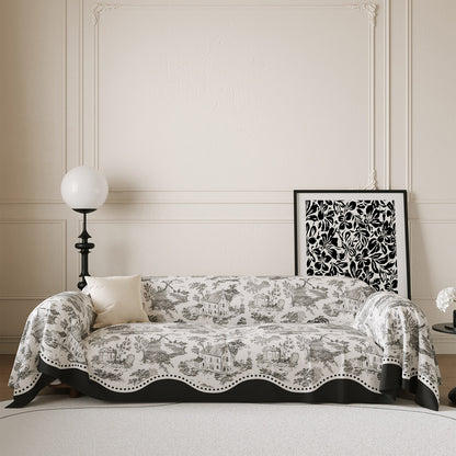 Toile-Print Scalloped-Edge Reversible Sofa Slipcover Throw