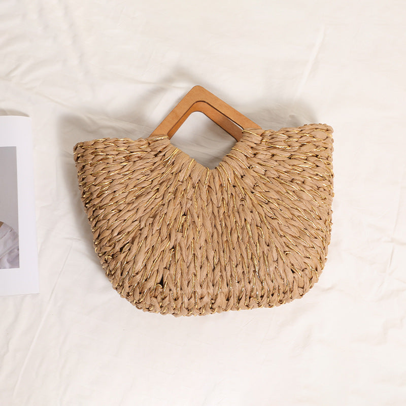 Handgefertigte Tragbare Basttasche mit Holzgriffen Brehn