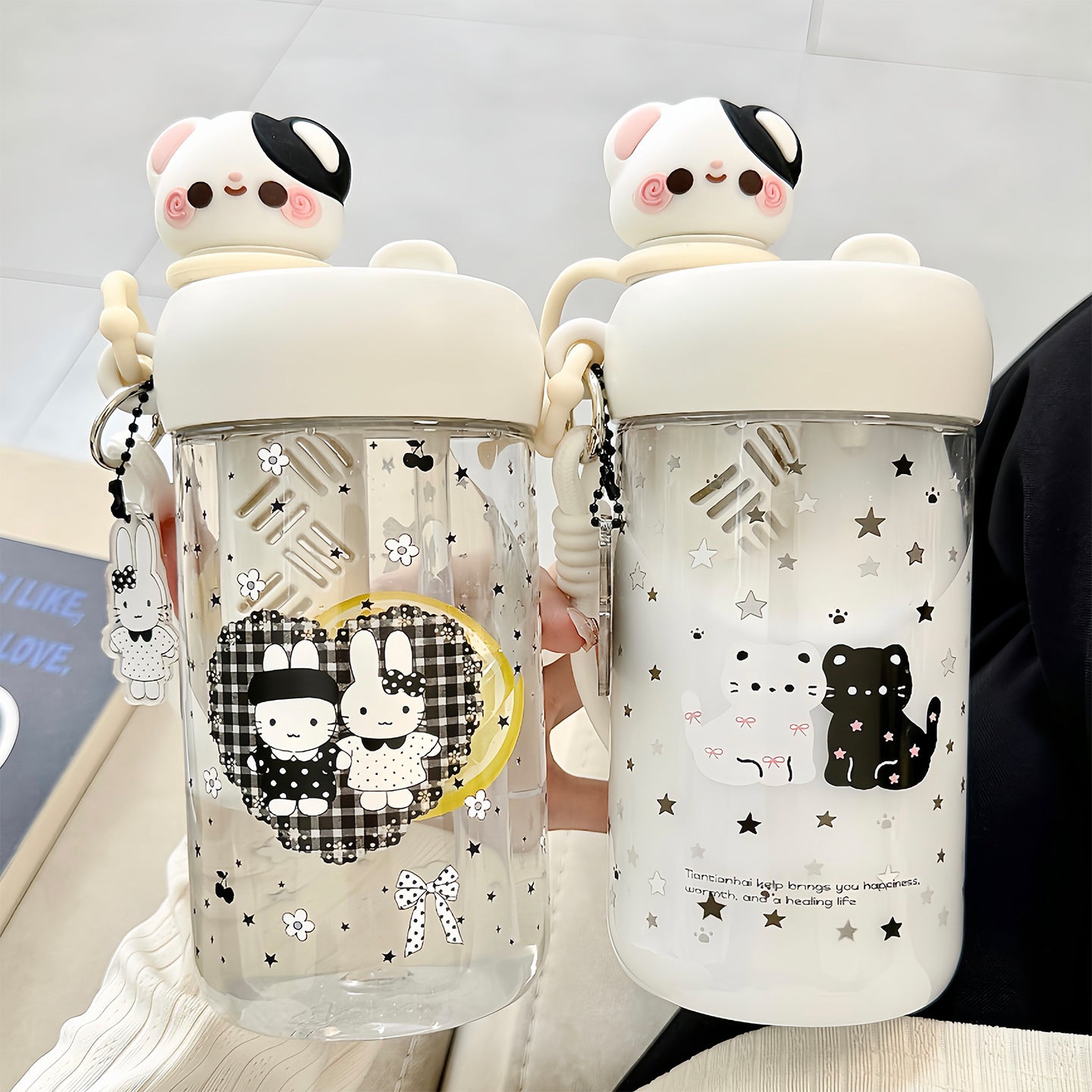 Damen Trinkflasche mit Tiermotiven und integriertem Strohhalm Brehn