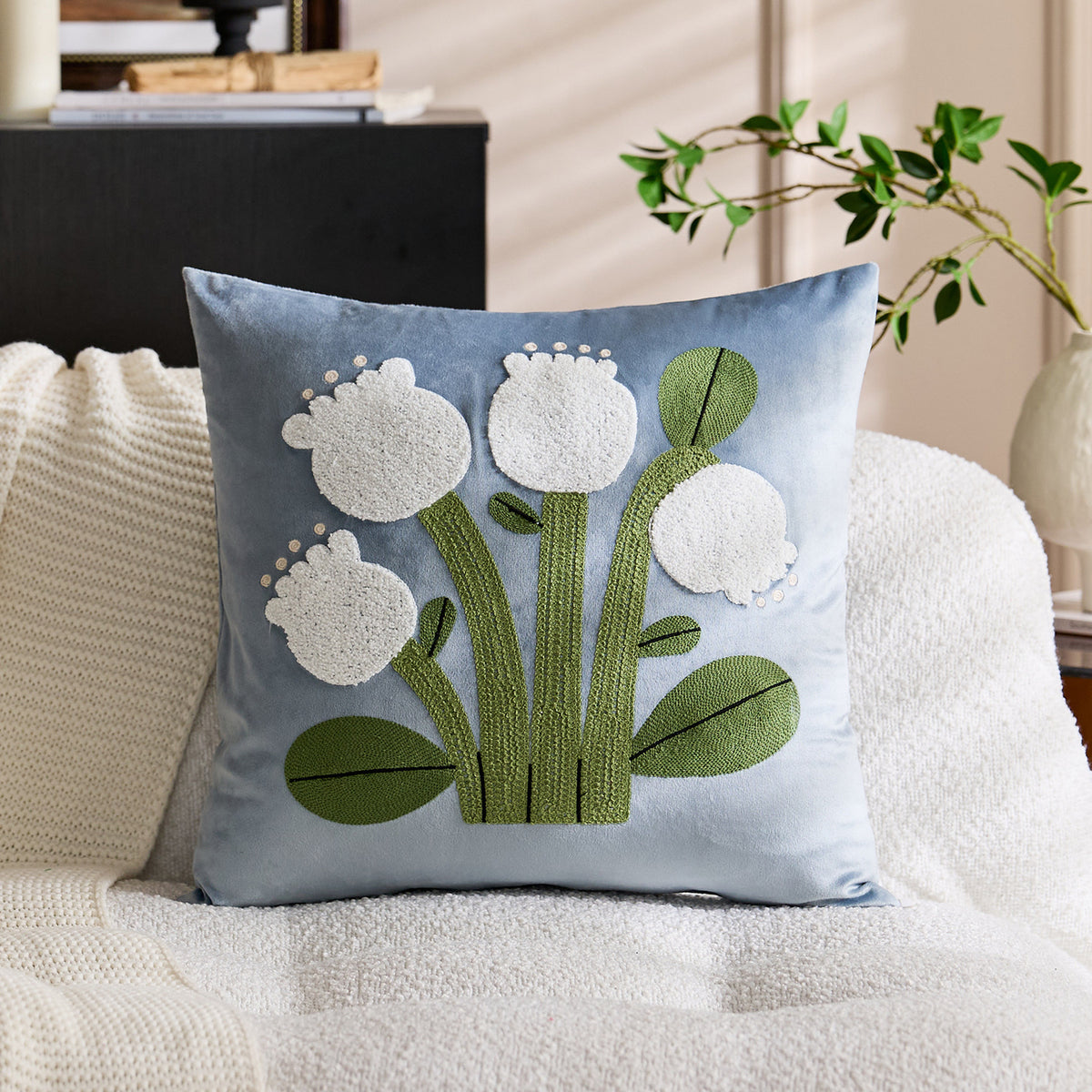 Quadratisches Samt Tufted Floral Chenille Applikationskissenbezug