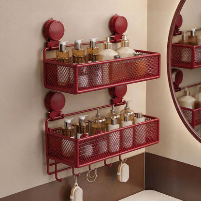 Wandmontierter Saugnetz-Badezimmer-Organizer-Regal mit Multi-Haken-Regal