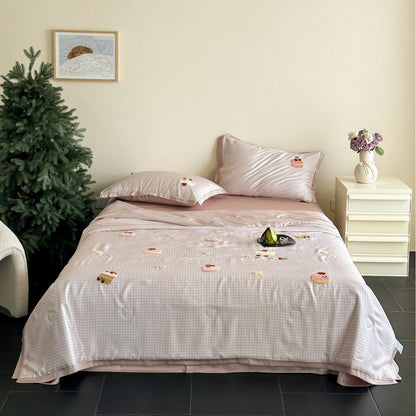 Bettwäsche-Set mit bestickten Teddy-Motiven und feinem Vichy-Karo
