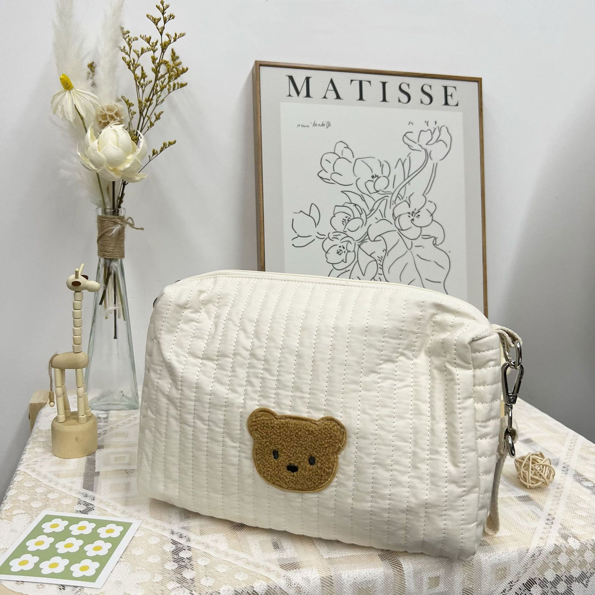 Gestepptes gepolstertes Windel-Tasche für das Kinderzimmer mit Teddy-Applikation und abnehmbarem Riemen