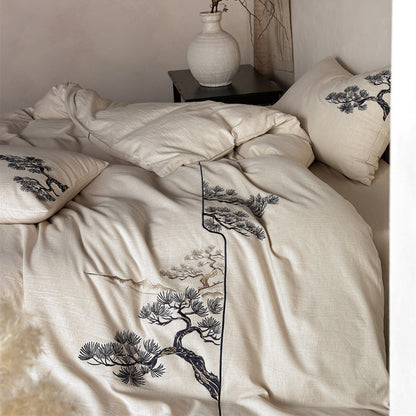 Bestickte Leinenmischung Bettbezug Set mit botanischem Kieferbaum-Motiv