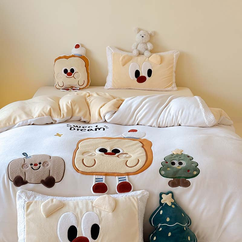 Weihnachtliches Kuschelbettwäsche-Set mit 3D-Applikationen und Teddyfleece