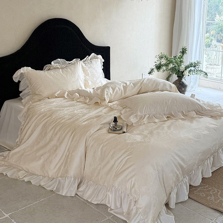 Elegantes Bettwäscheset mit Jacquard-Blumenmuster, Volant und weichem Baumwollsatin