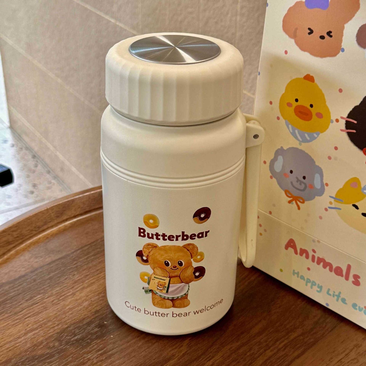 Damen Isolier-Trinkflasche mit praktischem Tragegriff und niedlichem Tiermotiv Brehn