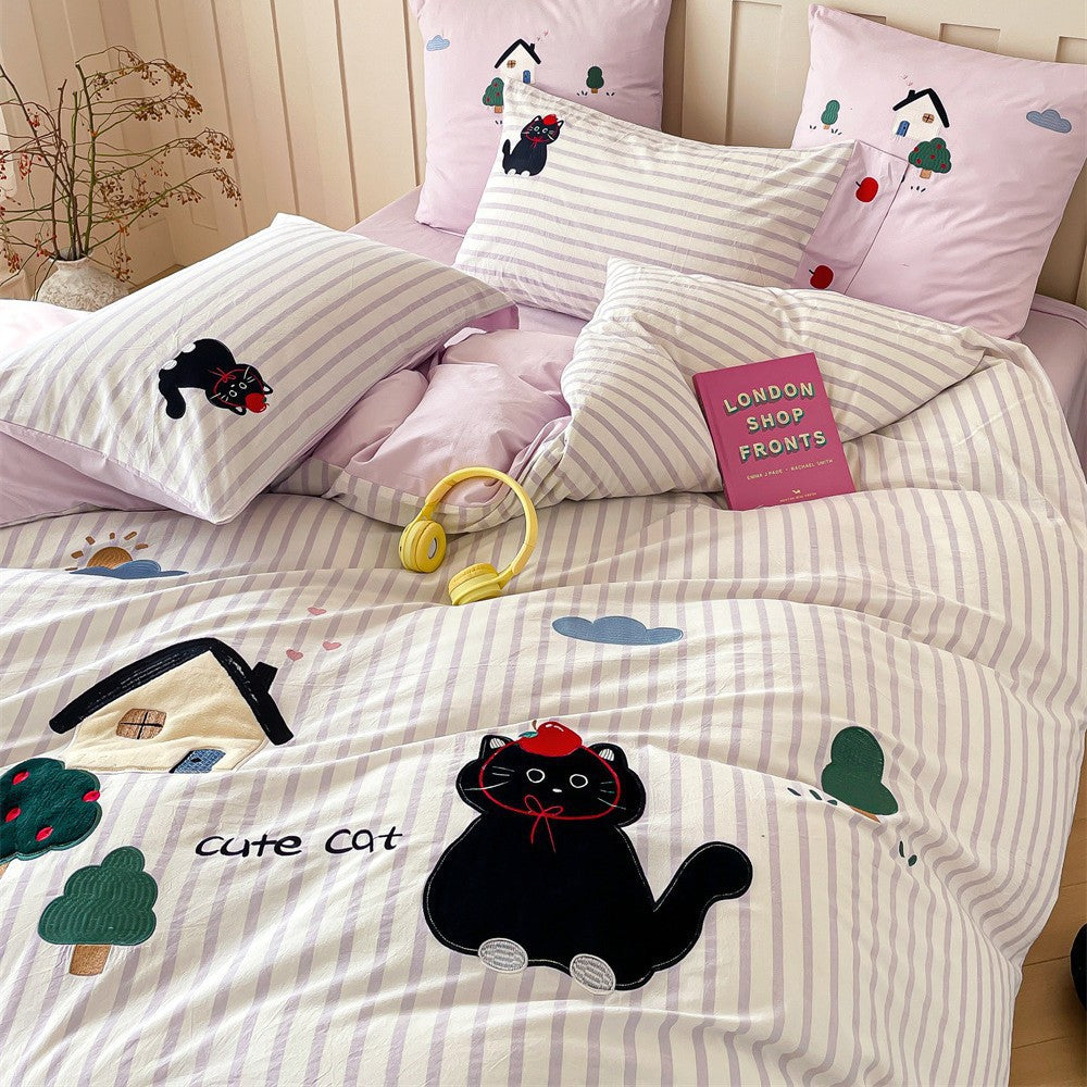 Verspielt Appliqué Katze gestreiftes Bettwäsche Set mit passenden Kissenbezügen