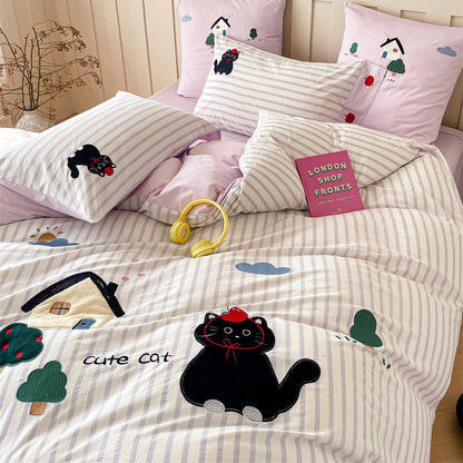 Verspielt Appliqué Katze gestreiftes Bettwäsche Set mit passenden Kissenbezügen
