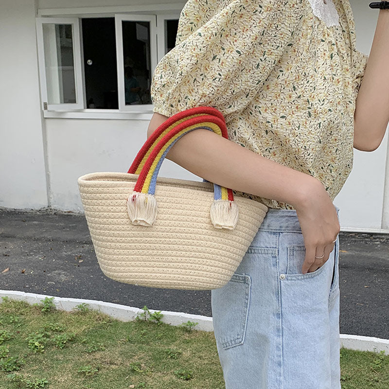 Damen Korbtasche mit buntem Regenbogenhenkel Brehn