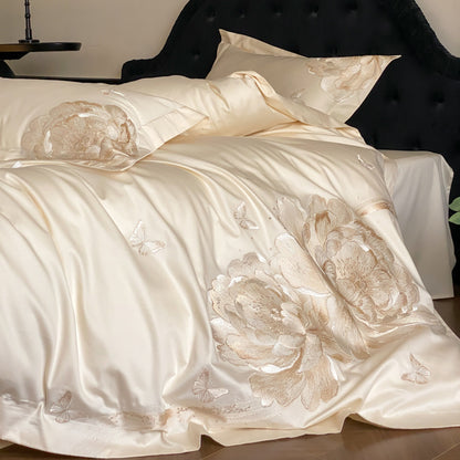 Besticktes Satin Blumen Bettwäsche Set mit Kissenbezügen