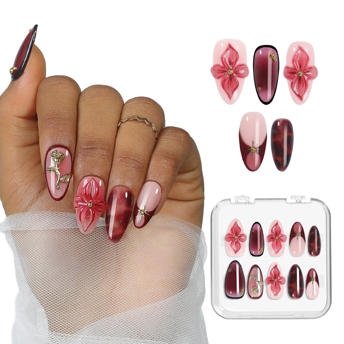 Kunstnagelset mit detaillierten floralen Designs Brehn
