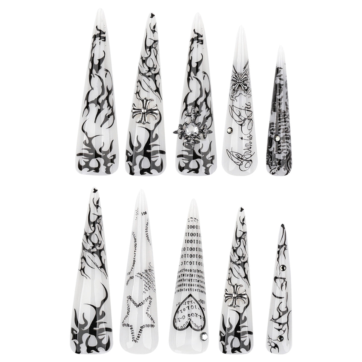 Kunstvolle Stiletto-Nägel mit Gothic-Muster und Verzierungen Brehn