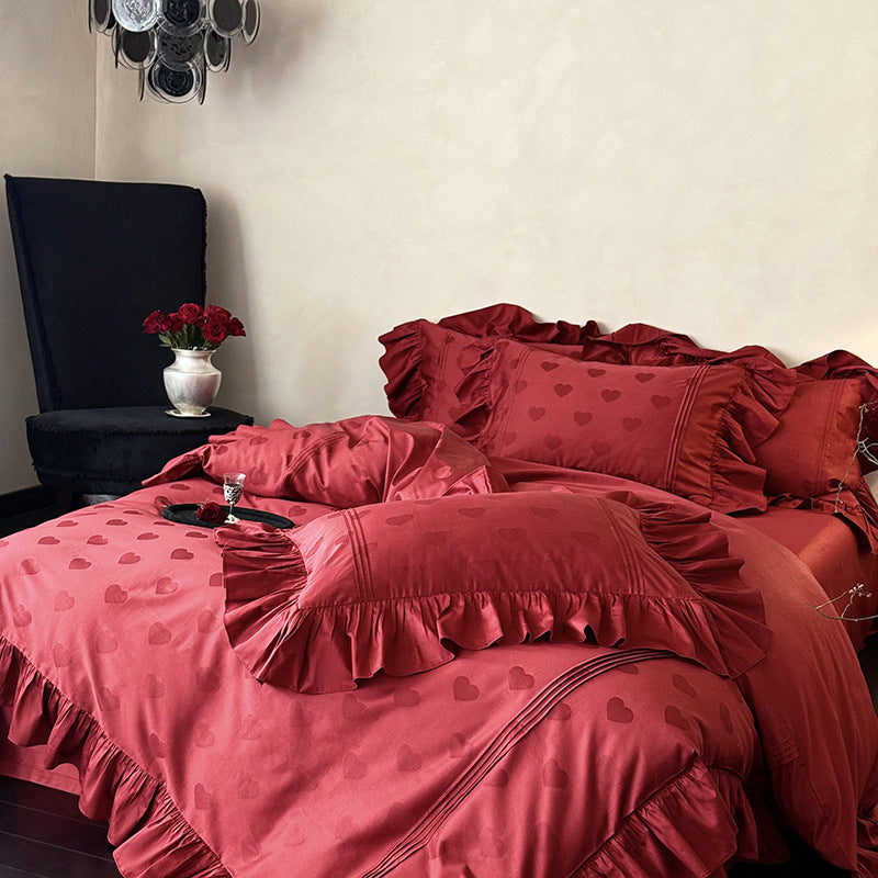 Luxuriöse Satin-Bettwäschegarnitur mit Herz-Jacquard, Volant-Rüschen und Hotelverschluss Brehn