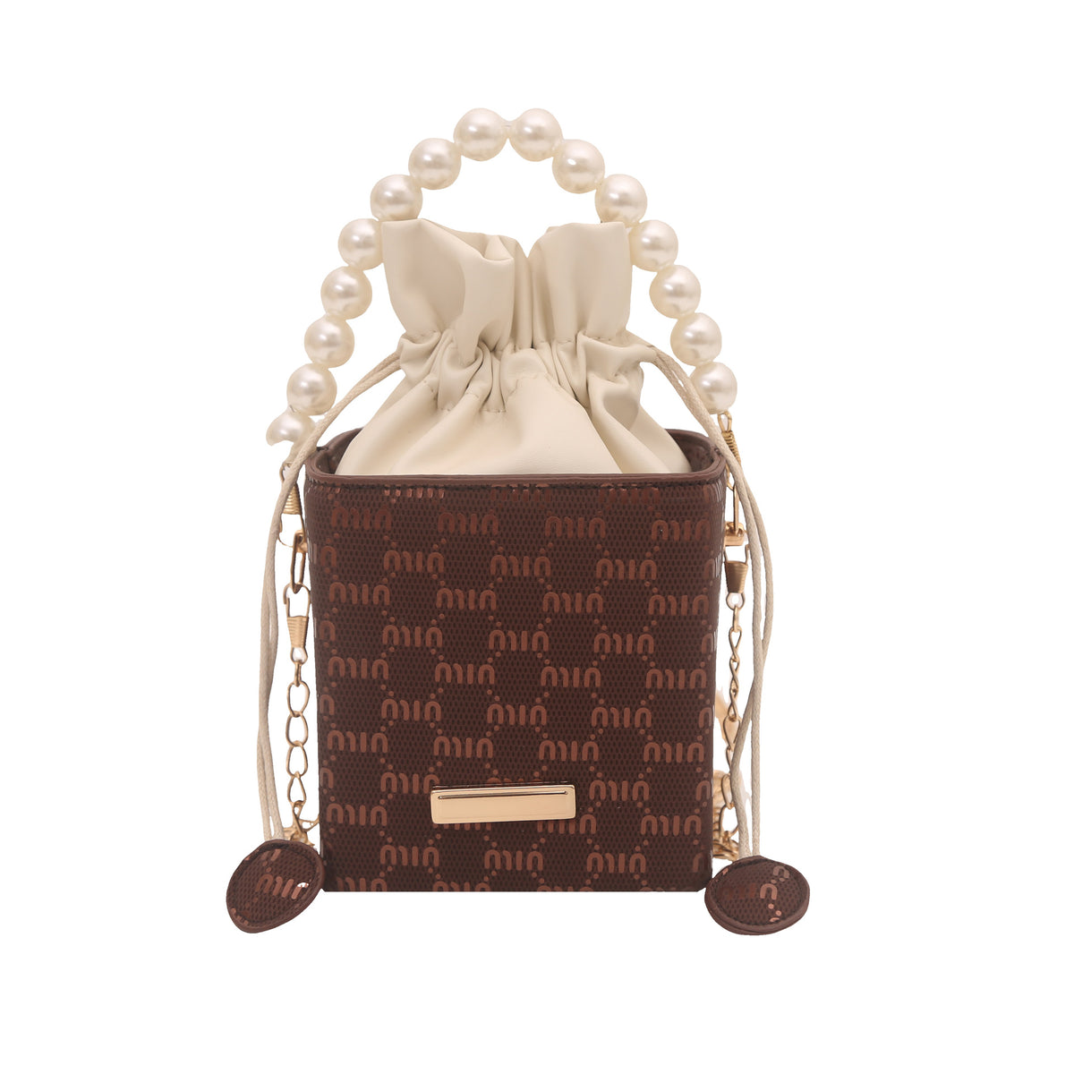 Elegante Mini-Eimer-Tasche mit Perlenhenkel Brehn
