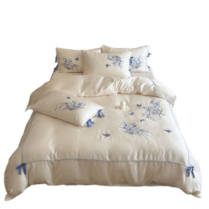 Bestickte Satin-Feeling Bettbezug Set mit Eckbindungsakzenten