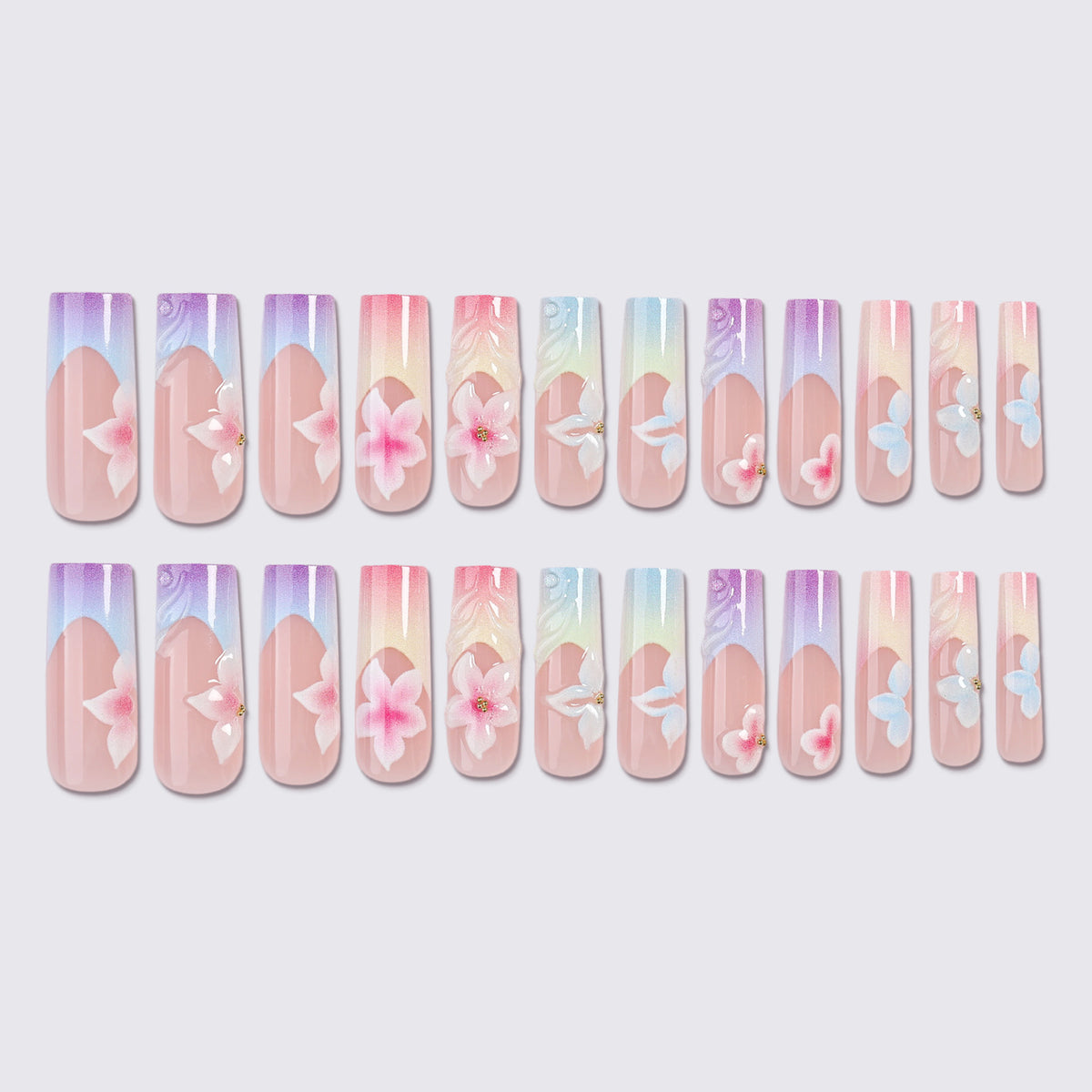 Kunstnagelset mit floralen Designs und elegantem Ombre-Effekt Brehn