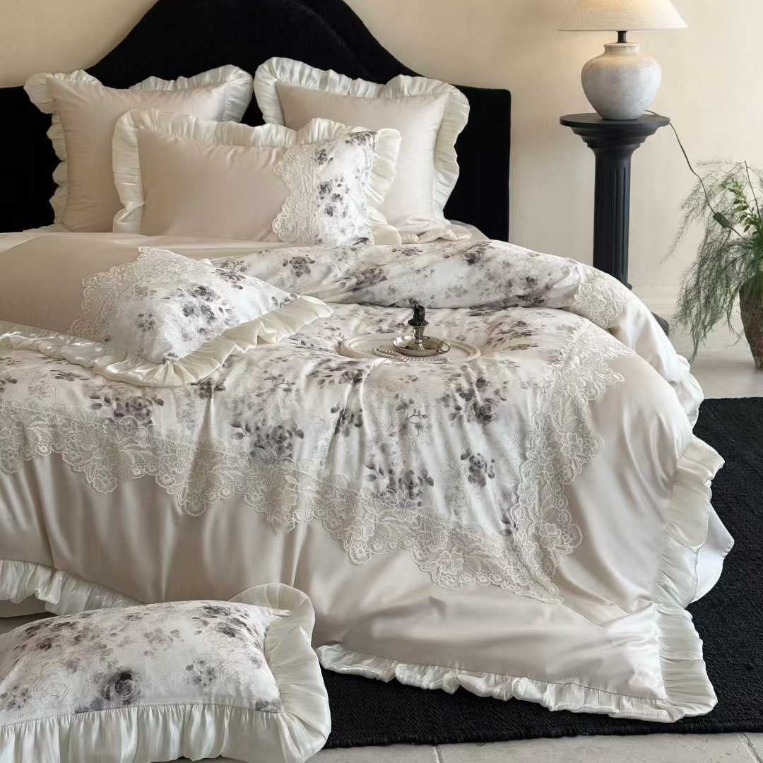 Florales Spitzen-Applikation Sateen Bettbezug Set mit Rüschensatinbesatz