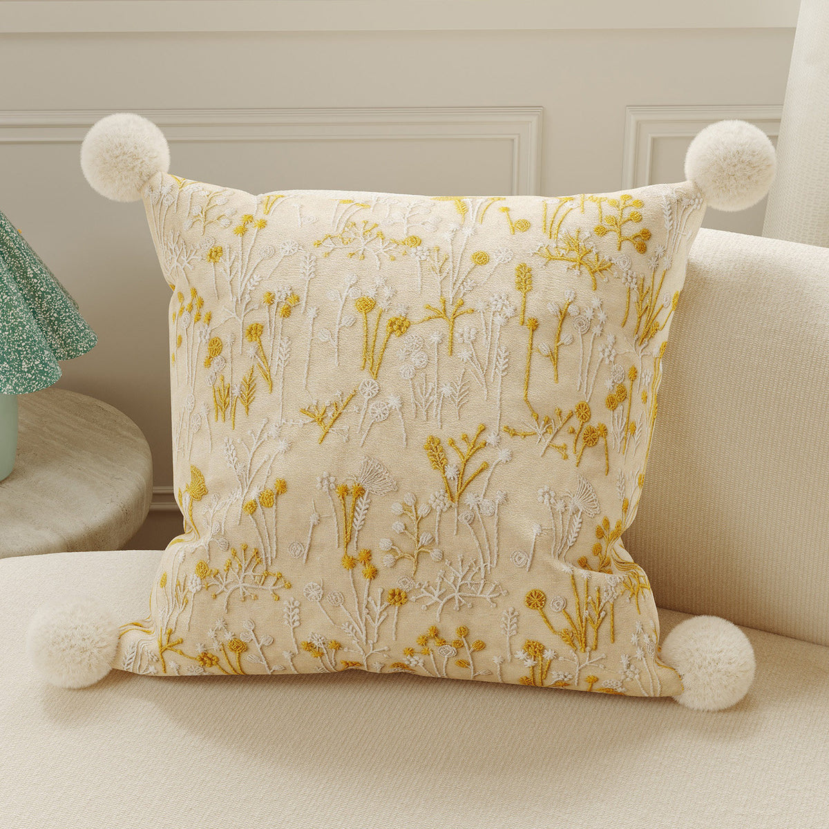 Hand-Embroidered Wildflower Velvet Decorative Pillow Cover with Plush Pom-Pom Corners