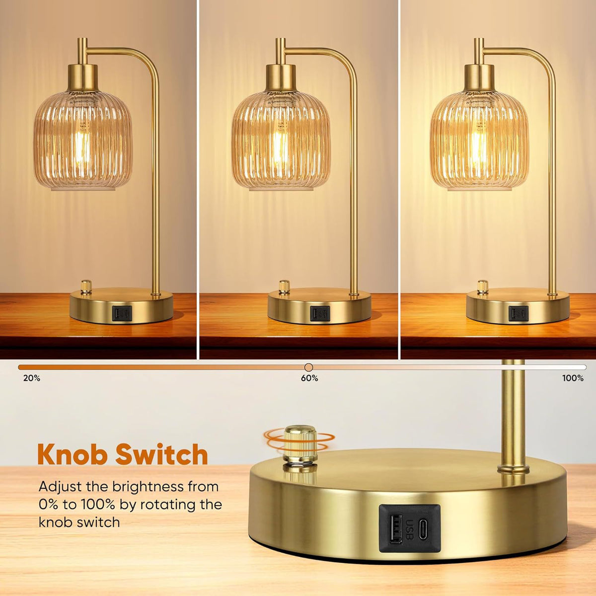 Moderne Glas Tischlampe mit USB-Ladung