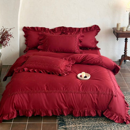 Luxuriöses Bettwäsche-Set mit Rüschen und zarter Stickerei aus Satin-Baumwolle
