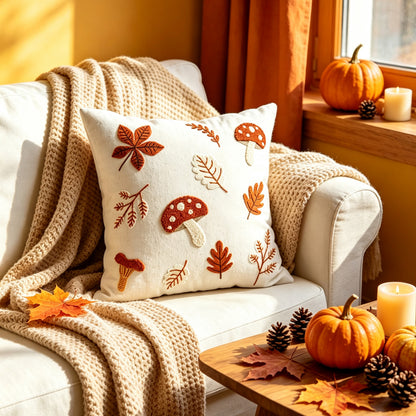 Bestickte Herbst-Wurfkissenhülle mit Pilz- und Blattanwendung