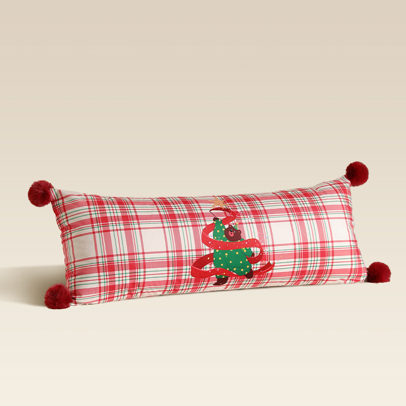 Langes dekoratives Lenden- und Nackenkissen im Weihnachts-Karo mit Pompon und Hund‑Baum‑Motiv Brehn