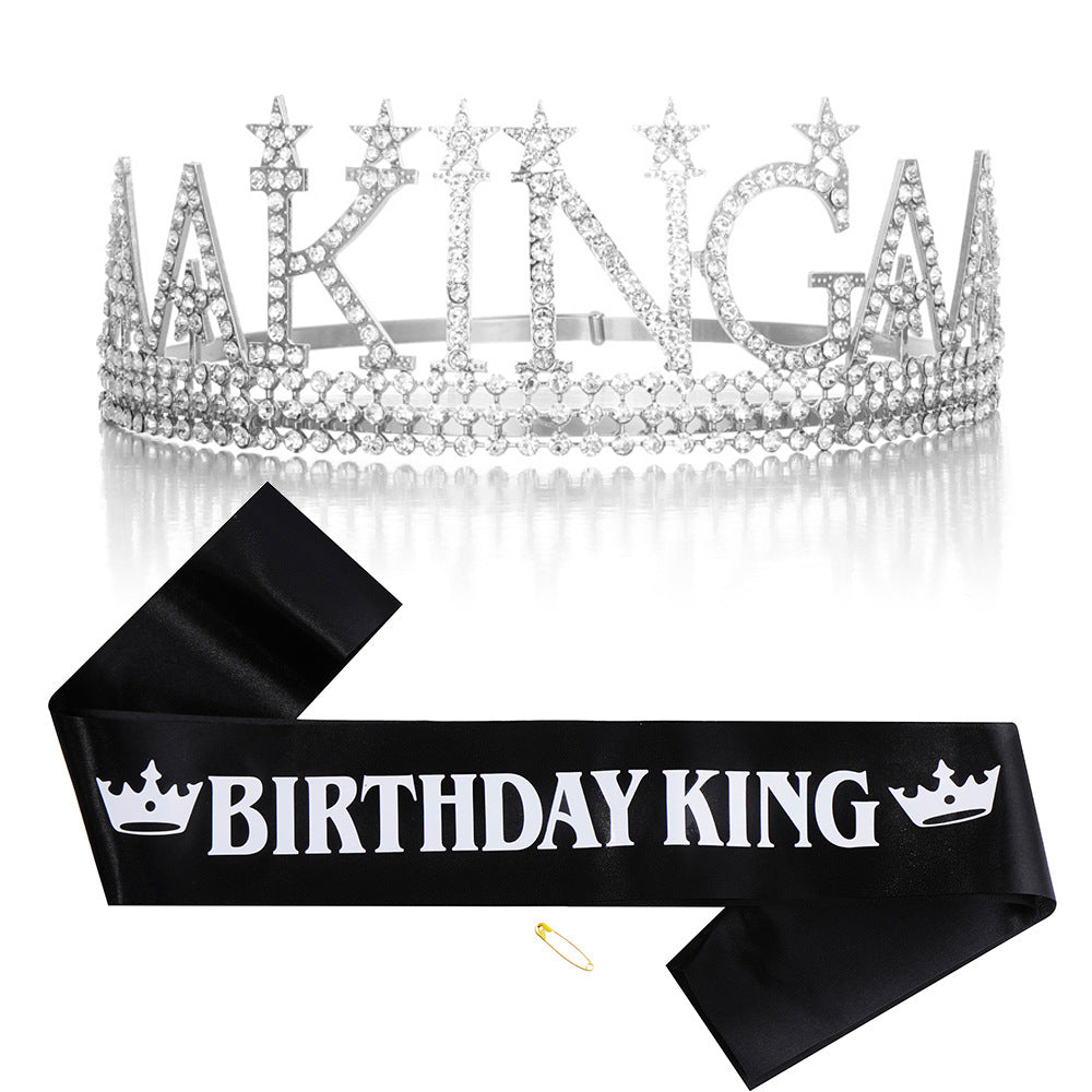 Damen Glitzernde Geburtstagskrone mit einem regalem "Birthday King"-Schärpen-Set Brehn