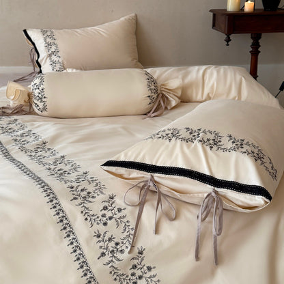 Bestickte Baumwollsatin Bettbezug Set mit Schlaufen-Kissenbezug und dekorativem Bolster
