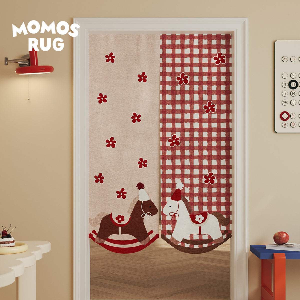 Kids' Split-Doorway Fabric Noren Curtain Panel with Playful Rocking Horse Print