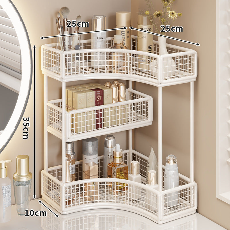 Gekrümmte Ecke Dreitier Metall Mesh Schminktisch und countertop Organizer