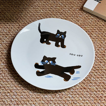 Keramikteller mit verspieltem Katzenmotiv und matt-glänzender Glasur