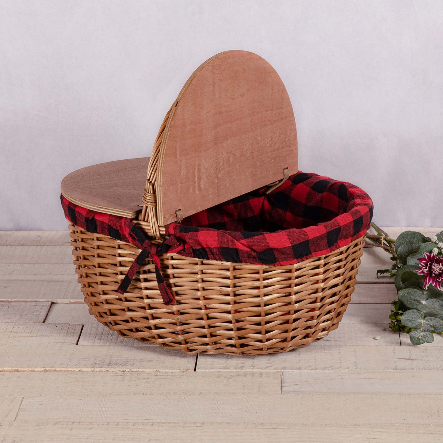 Damen Picknickkorb mit praktischem Holzdeckel und gestreiftem Innenfutter Brehn
